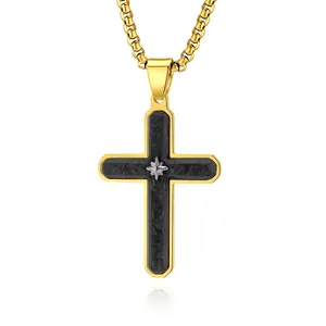 Hip Hop Men Titanium Steel Cross Pendant Necklace Carbon Fiber Texture Inlaid Rhinestone Star Dominant Neck Jewelry For Party