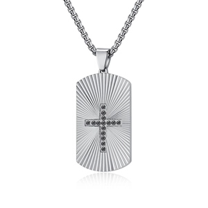 Polished silver military dog tag necklace with a black stone cross and square link chain