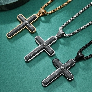 Forged carbon fiber cross pendants in gold, silver and black with industrial box chains