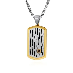Men Stainless Steel Dog Tag Pendant Necklace Water Ripple Pattern Black Rhinestone Two Tone Punk Industrial Style Jewelry Gift