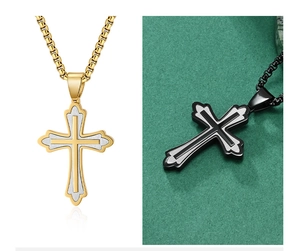Détails du pendentif croix rétro en acier inoxydable disponible en or, argent et noir