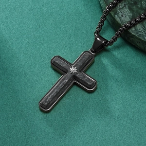 Forged carbon fiber cross pendant necklace with star emblem on industrial chain