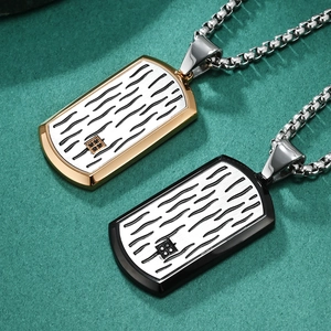 Mens stainless steel water ripple pendant necklace with gold and black frame borders