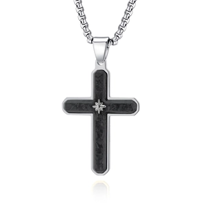 Forged carbon fiber cross pendant necklace with star detail and steel box chain