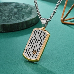 Silver dog tag pendant necklace with black wave patterns and gold accents for men