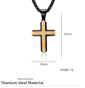 Detailed view of two-tone titanium steel cross pendant with silk texture and clear gemstone