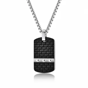 Minimalist carbon fiber dog tag necklace for men with silver bolts and square box chain