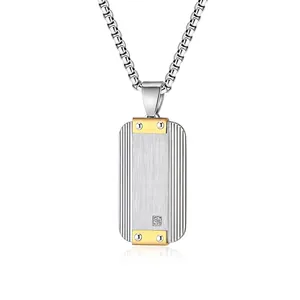 Minimalist Stainless Steel Dog Tag Pendant Necklace For Men Industrial Brushed Metal Rhinestone Inlaid Fashion Jewelry