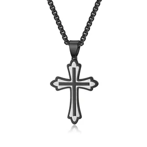 Collier Pendentif Croix en Acier Inoxydable pour Hommes Femmes Croix Géométrique Polie Double Couche Contraste Bijoux Hip Hop