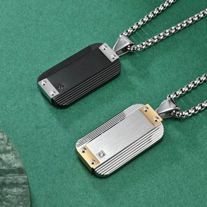 Minimalist dog tag pendant necklace with brushed stainless steel finish and square zircon