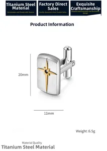 Detailed dimensions of silver titanium steel cufflinks with gold star and black stone