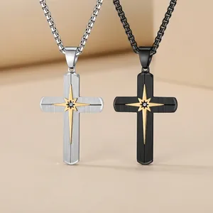 Collana con Pendente a Croce in Acciaio Inossidabile Hip Hop con Stella e Strass Intarsiato Finitura Spazzolata Uomo Unisex Gioielli