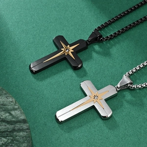 Collana a croce minimalista in acciaio inossidabile spazzolato con stella dorata