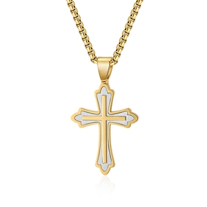 Pendentif croix classique bicolore or et argent en acier inoxydable pour hommes
