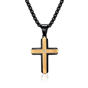 Men Titanium Steel Cross Pendant Necklace Black Gold Silver Two-Tone Brushed Metal Stamped Rhinestone Inlaid Pendant Fashion Jewelry