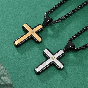 Dual-color cross pendant necklace set in gold and silver with zircon and bead chain