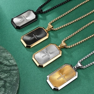 Hip hop octagonal cross dog tag necklaces in gold, silver and black steel finishes