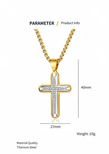 Detail von zweifarbigem Gold-Silber Kreuzanhänger mit Kristallen und Box-Halskette