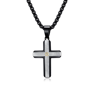 Two-tone cross pendant necklace with brushed silver texture and black box chain