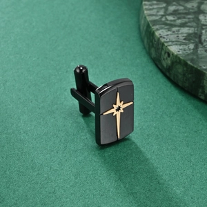 Classic black rectangular stainless steel cufflinks with gold star design for men