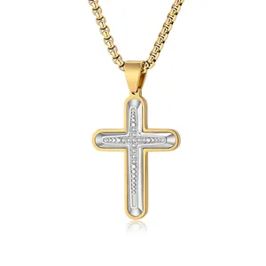 Hip Hop Edelstahl Zweifarbig Kreuz Anhänger Halskette Für Herren Eingelegter Strass Religiöser Schmuck Geschenk