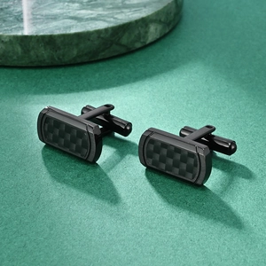 Men's rectangular carbon fiber cufflinks with elegant black metal T-bar clasp design
