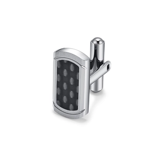 Men's rectangular silver stainless steel cufflinks with black carbon fiber inlay design