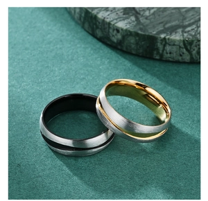Detail of two-tone brushed titanium steel rings with gold and black inner bands