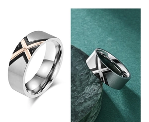 Macro view of wide titanium steel ring featuring brushed texture and tricolor geometry design