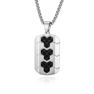 Hip Hop Men Titanium Steel Carbon Fiber Inlay Hexagon Dog Tag Pendant Necklace Industrial Style Brushed Metal Pendant Jewelry Gift