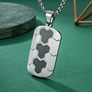 Men's stainless steel military pendant necklace with black carbon fiber inlay design