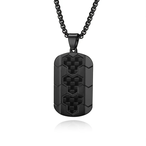 Men's black stainless steel dog tag necklace with carbon fiber honeycomb design and box chain