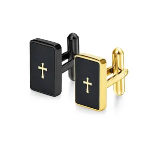 Men French Stainless Steel Cross Cufflinks Brushed Rectangular Two Tone Business Formal Shirt Cufflinks Gold Black Jewelry