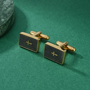Mens rectangular stainless steel cufflinks with gold frame and grey brushed metal cross inlay