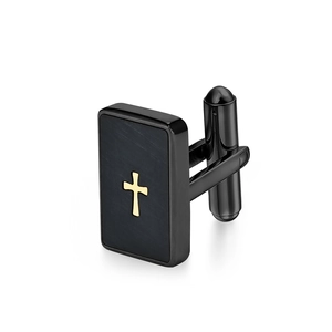 Men's black rectangular cufflinks with brushed metal finish and gold cross design