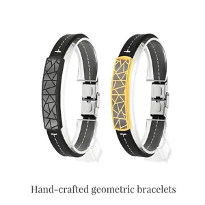 Geometric Pattern Stainless Steel Fiber Leather Bracelet Unisex Polished Geometric Texture Wristband Fashion Daily Jewelry