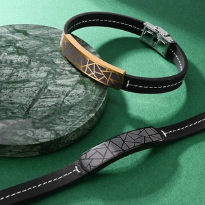 Men's fiber leather bracelets with geometric engraved stainless steel plates and white stitching