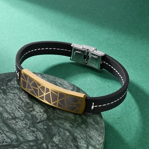 Men's leather bracelet with gold stainless steel geometric plate on green marble