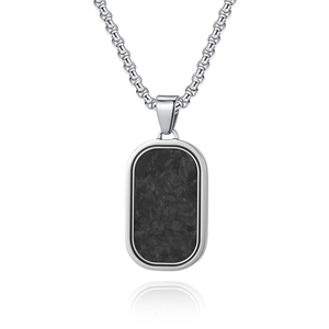 Minimalist silver men's dog tag necklace with black marbled carbon fiber inlay