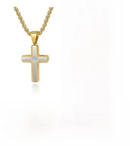 Detail of two-tone stainless steel cross necklaces with inset square cubic zirconia