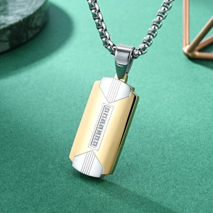 Two-tone stainless steel rectangle tag pendant with seven white zircons on a box chain