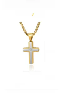 Detailed view of bicolor stainless steel cross pendant showing 30mm height dimension