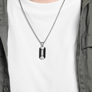 Men's stainless steel necklace featuring a two-tone rectangular pendant with zircons