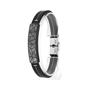 Men's leather bracelet with geometric cracked pattern stainless steel metal plate
