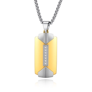 Men's two-tone stainless steel pendant with arched surface and sparkling center crystals