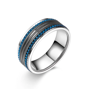 Bague industrielle pour homme en acier inoxydable avec bords dentelés bleus et argent