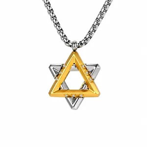 Collier Pendentif Hexagramme en Acier Inoxydable Bicolore 3D Créatif Collier Strass Étoile de David Géométrique Hip-Hop Minimaliste