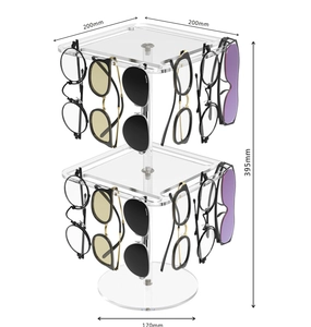 Rotating acrylic eyewear display stand dimensions: 395mm height and 200mm tray width