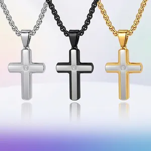 Stainless Steel Cross Pendant Necklace For Men Polished Scalloped Edge Rhinestone Inlaid Pendant Chain Jewelry Gift