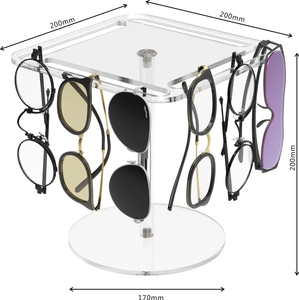Close-up of clear acrylic rotating eyewear display with tiered hooks and dimensions
